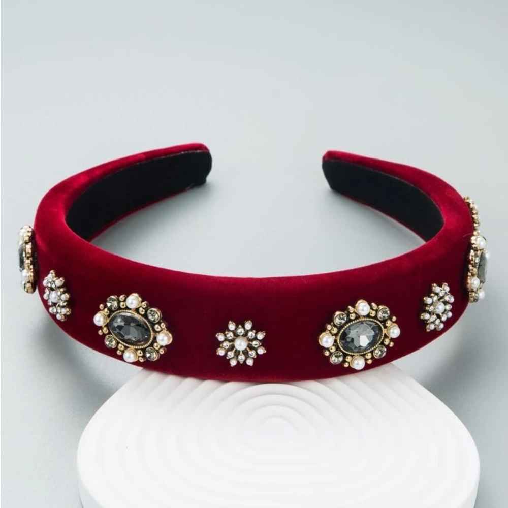 Anthropologie Cranberry Colored Crystal Embellished Soft Velour Headband